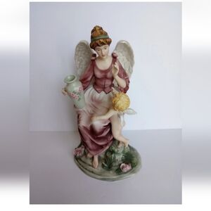 Grandeur  Porcelain Angel in Pink w/ Vase & Cherub Standing Hand Painted 9.25" H